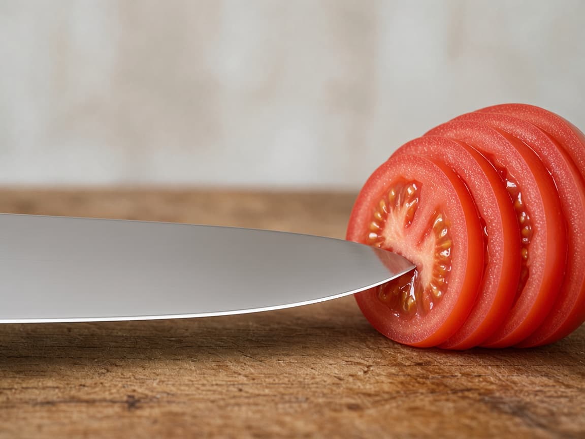 Illustrative photograph of a sharpened knife slicing a tomato
