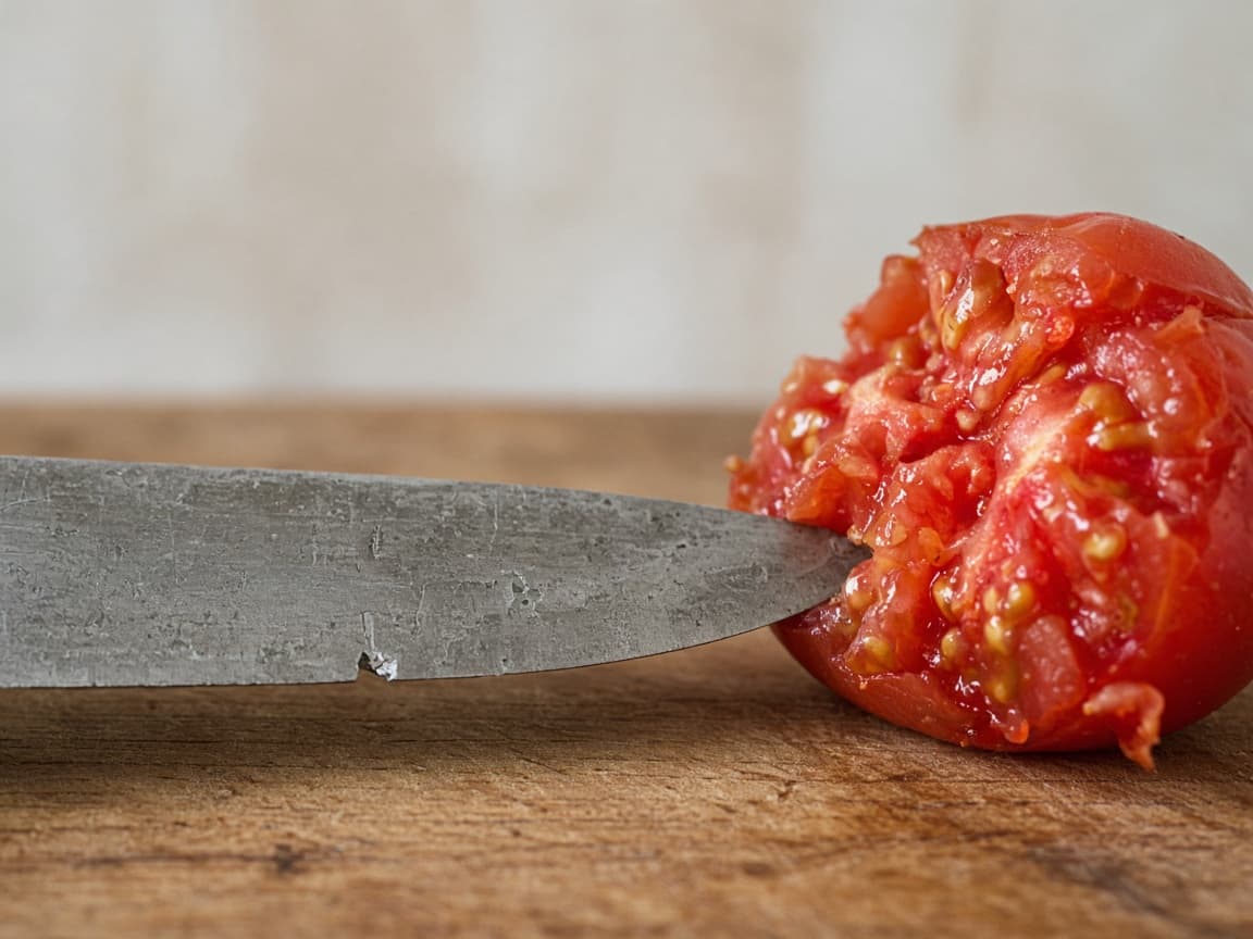Illustrative photograph of a dull knife crushing a tomato