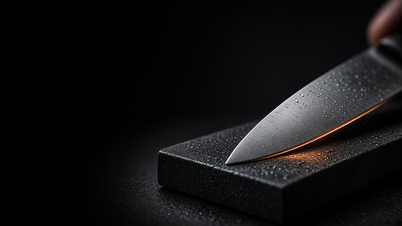 A chef using a kitchen knife at a wooden board